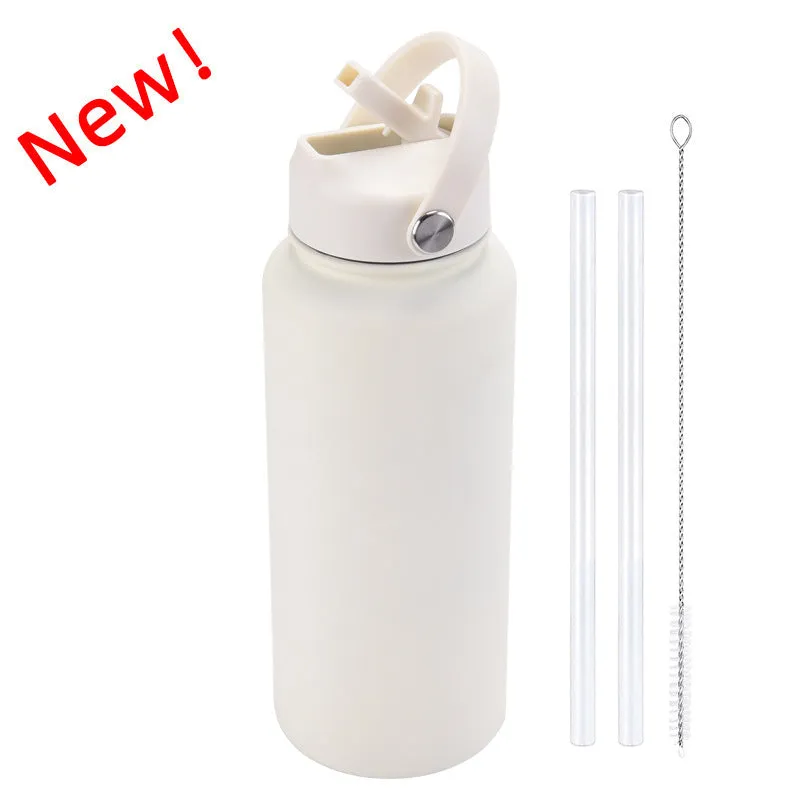 2024 New Sports Bottle Stainless Steel Large Capacity 1L Large Mouth Insulated Cup Portable Handle Straw Water Cup