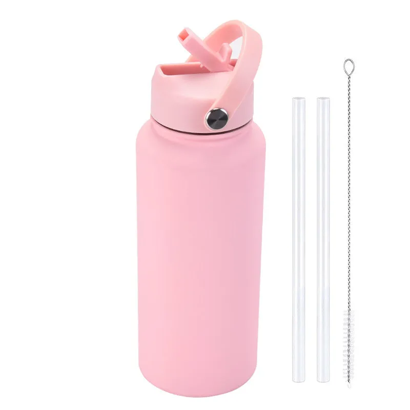 2024 New Sports Bottle Stainless Steel Large Capacity 1L Large Mouth Insulated Cup Portable Handle Straw Water Cup