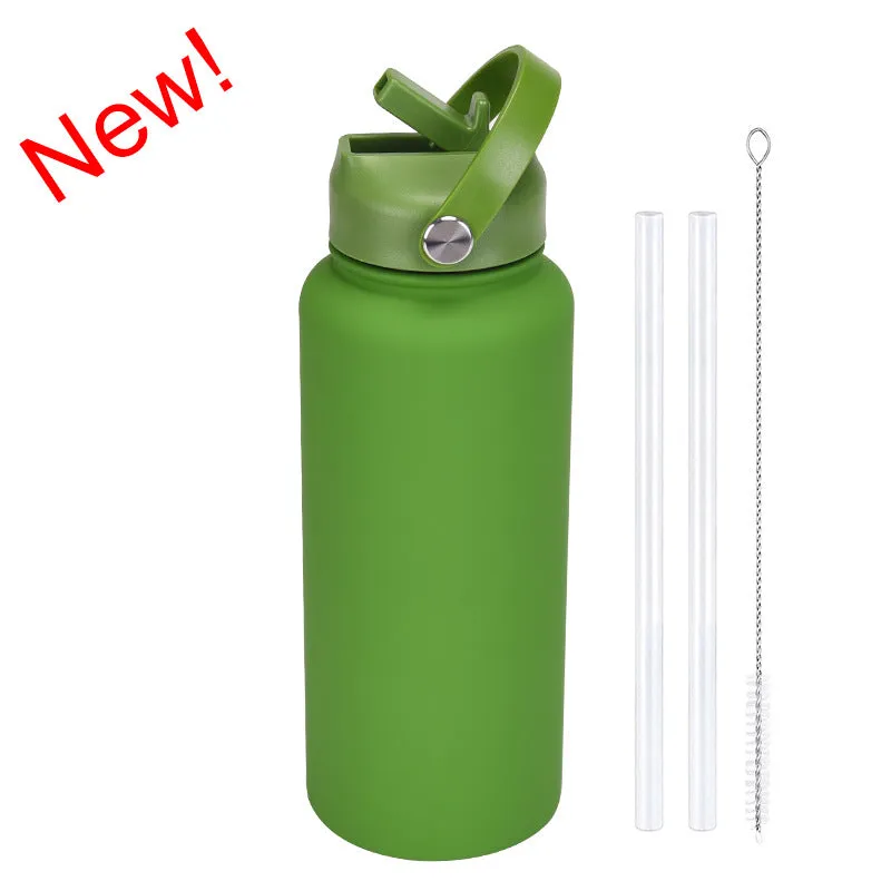 2024 New Sports Bottle Stainless Steel Large Capacity 1L Large Mouth Insulated Cup Portable Handle Straw Water Cup