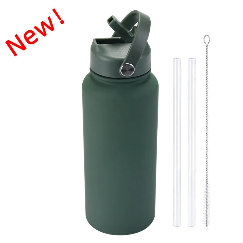 2024 New Sports Bottle Stainless Steel Large Capacity 1L Large Mouth Insulated Cup Portable Handle Straw Water Cup