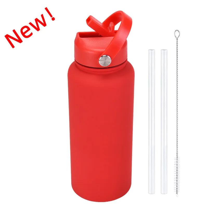 2024 New Sports Bottle Stainless Steel Large Capacity 1L Large Mouth Insulated Cup Portable Handle Straw Water Cup