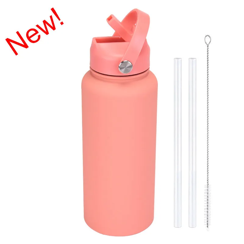 2024 New Sports Bottle Stainless Steel Large Capacity 1L Large Mouth Insulated Cup Portable Handle Straw Water Cup