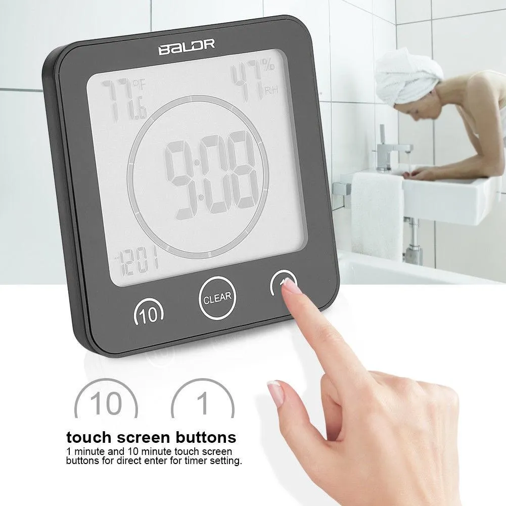 BALDR Waterproof Shower Clock w/ Timer (2 Packs) - Bathroom Clock Displays Time, Temperature & Indoor Humidity