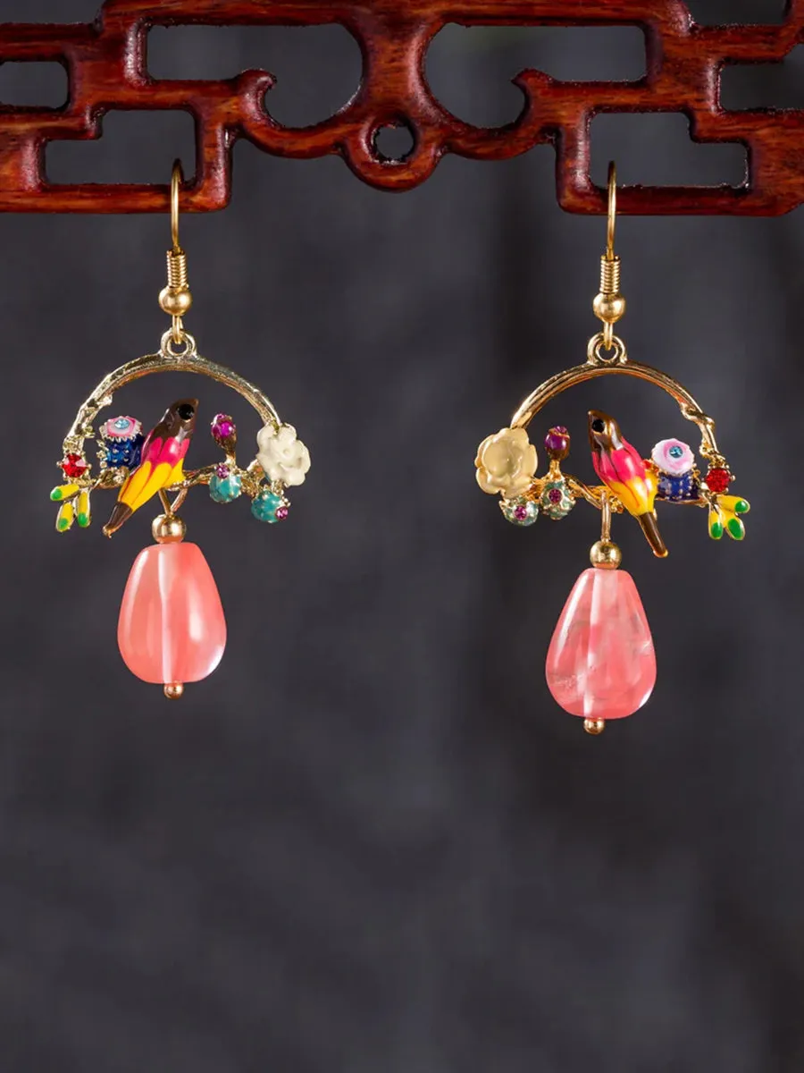 Bird And Flower Chalcedony Pendant Earrings