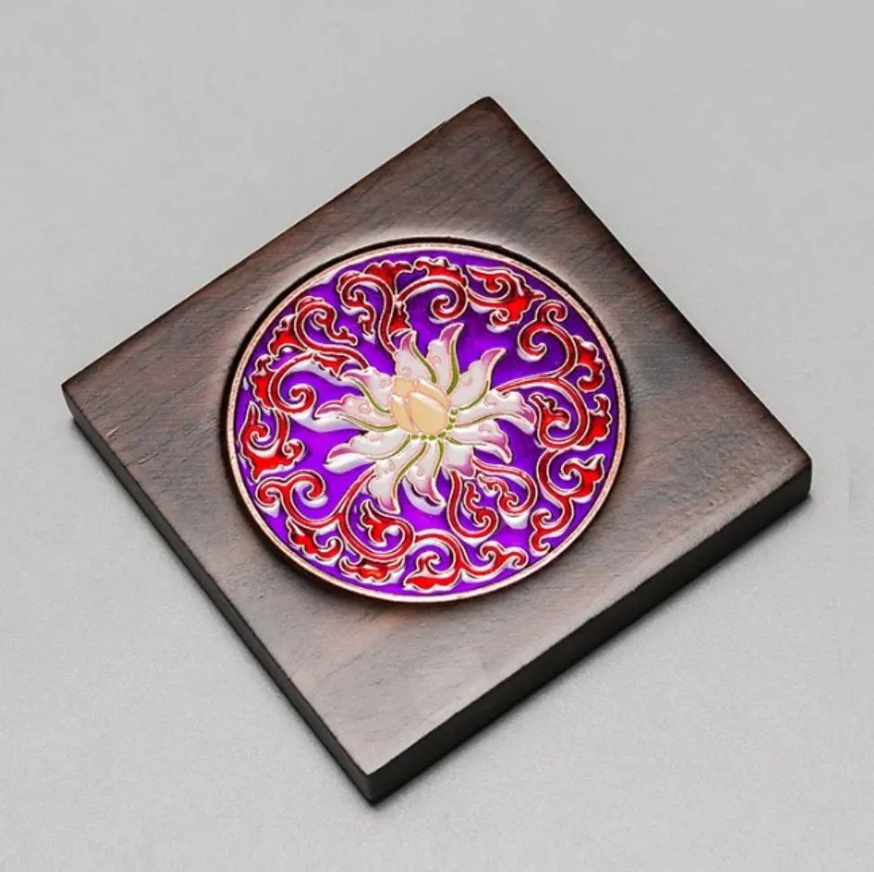 Cloisonné and Ebony Wood Coasters for Tea Cups