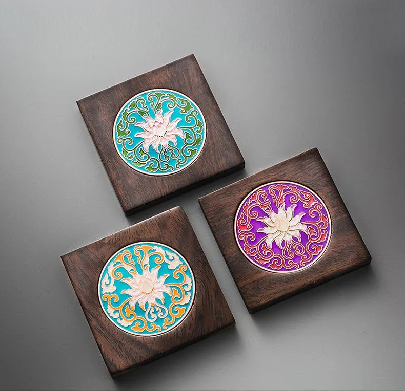 Cloisonné and Ebony Wood Coasters for Tea Cups