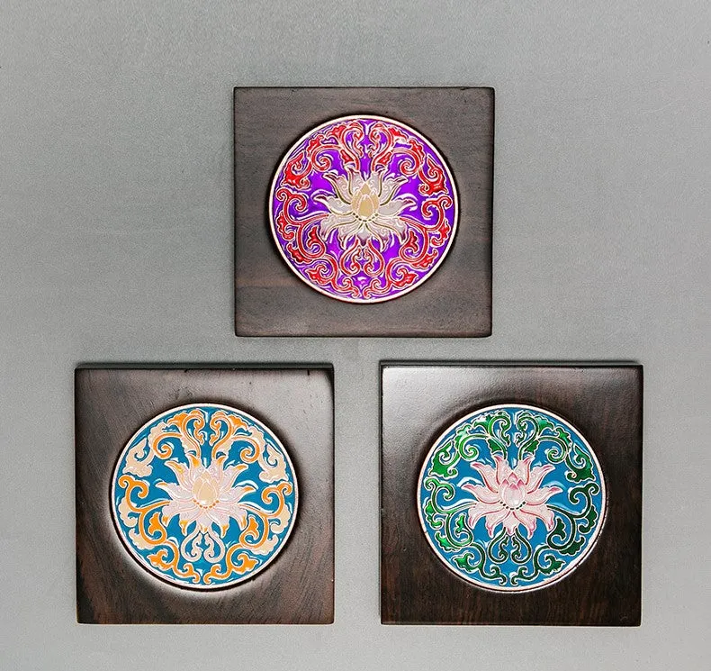 Cloisonné and Ebony Wood Coasters for Tea Cups