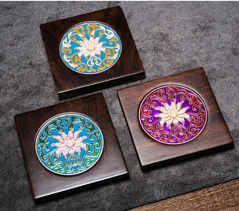 Cloisonné and Ebony Wood Coasters for Tea Cups