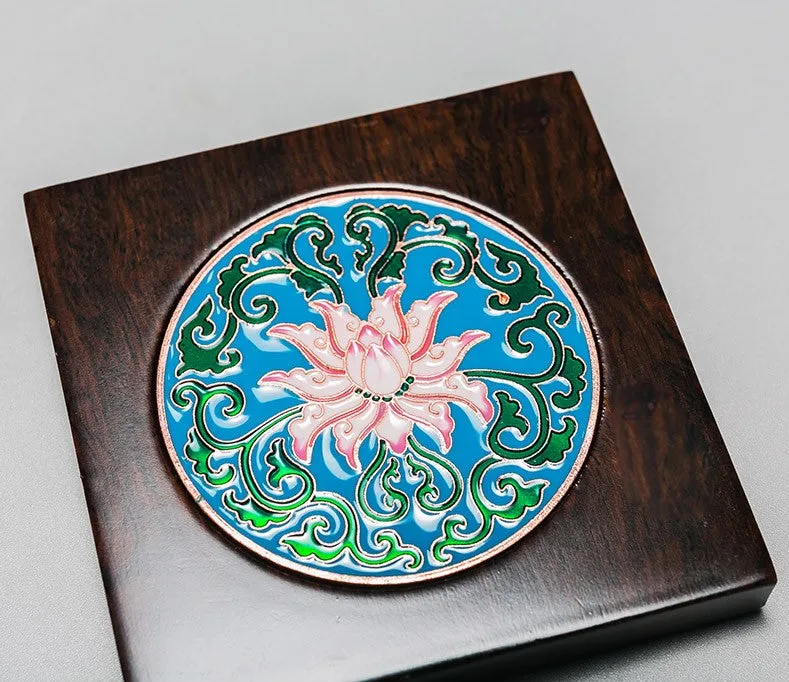 Cloisonné and Ebony Wood Coasters for Tea Cups