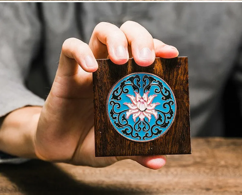 Cloisonné and Ebony Wood Coasters for Tea Cups