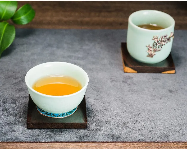 Cloisonné and Ebony Wood Coasters for Tea Cups