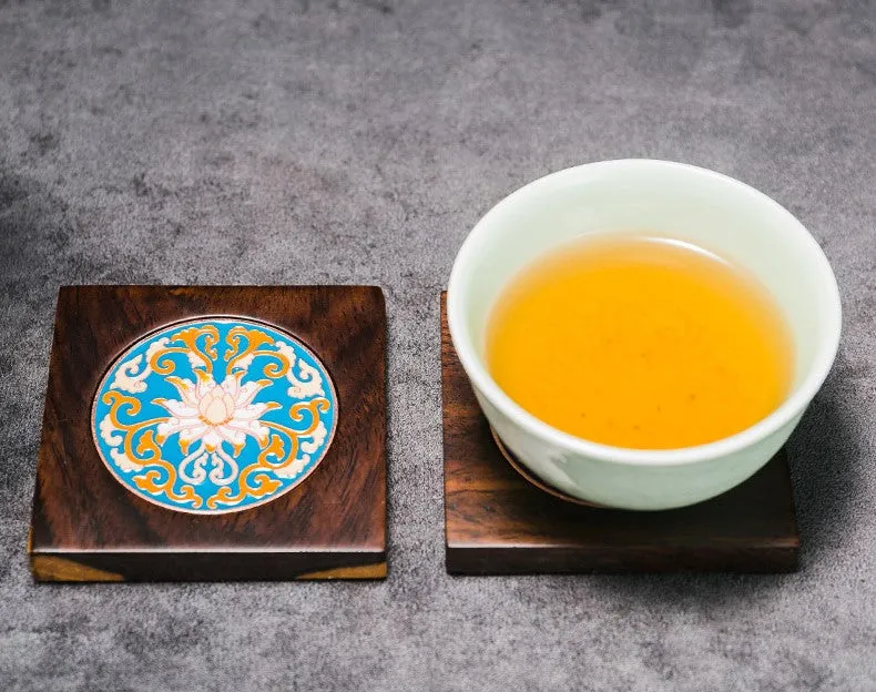 Cloisonné and Ebony Wood Coasters for Tea Cups