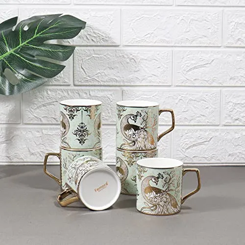 Femora Peacock Motif with Leaves Pattern Golden Tea Mugs, Ceramic Tea Cups, Coffee Mugs (180 ml, Golden) - 6 Pcs Set (NOT Microwave Safe)