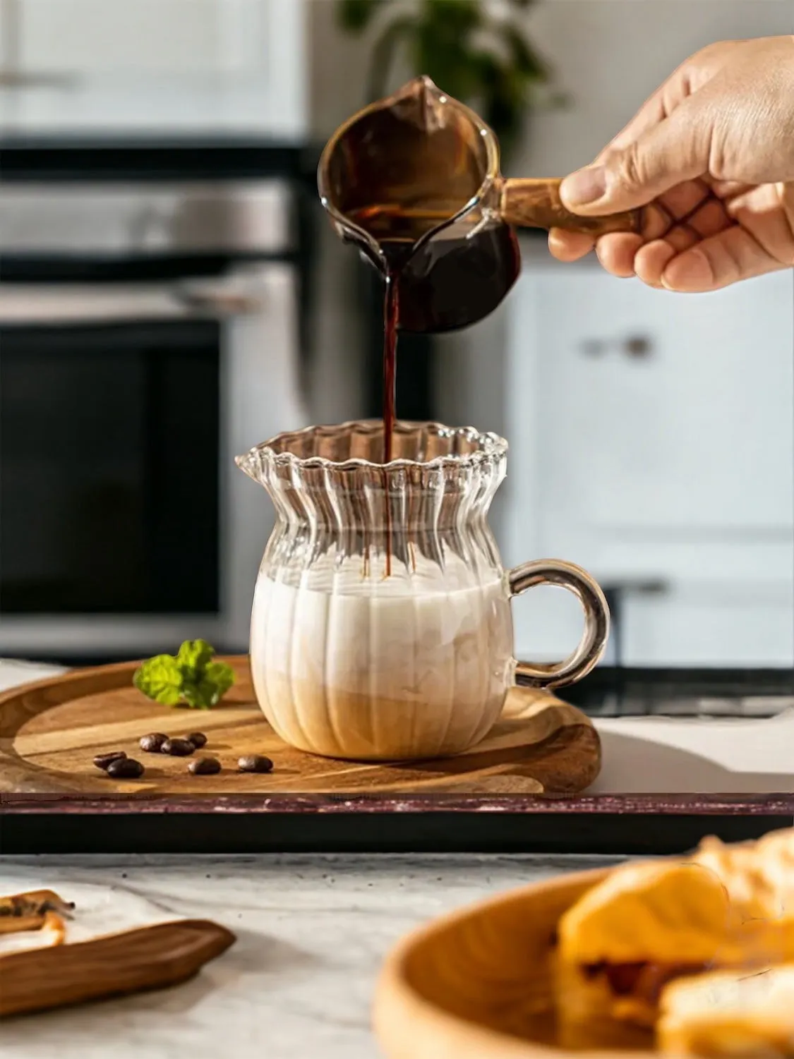 Glass Milk And Coffee Pot Pourer With Wooden Handle