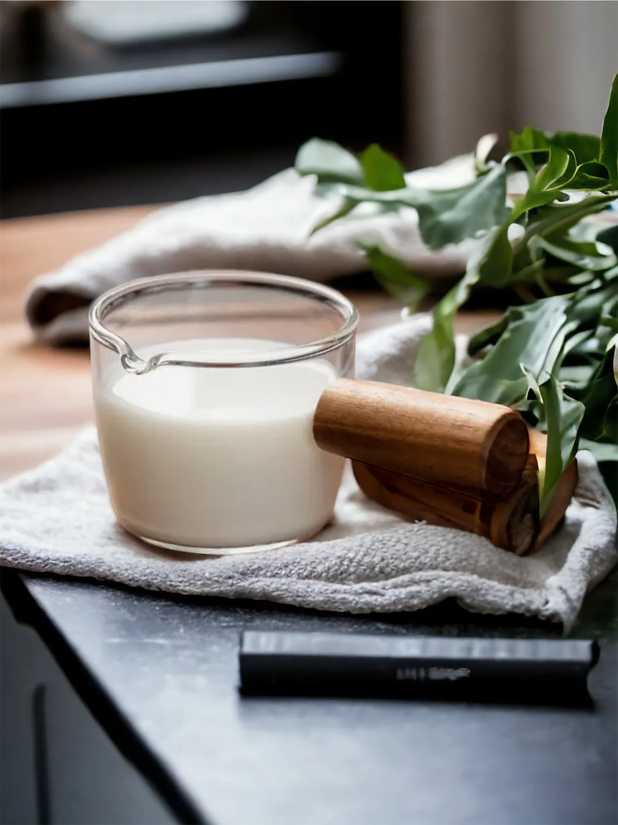 Glass Milk And Coffee Pot Pourer With Wooden Handle