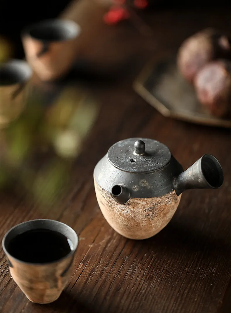 Gohobi Handmade Ceramic Artist Black Brushing Tea Cup Teapot Tea Set