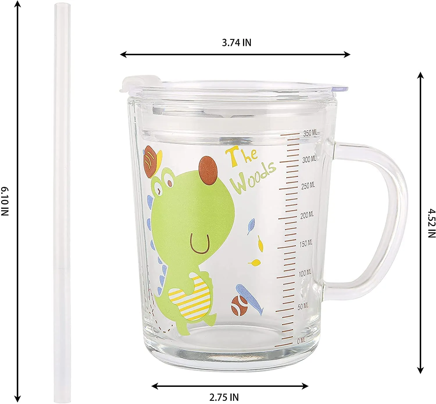 HARKNOX Cartoon Printed Design Water Drinking Glass Milk Glass Sipper Cup/Mug with Handle Thick Shake Mug with Straw & Lid, Tea Coffee Tumbler for Kids Fruit Juice Smoothie Sipper Bottle (350ml) 1pc