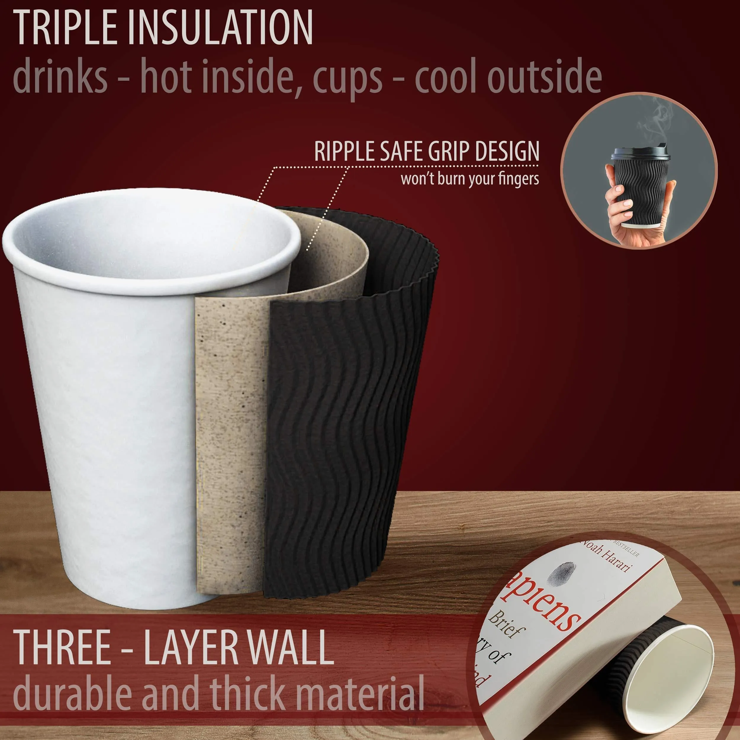 Insulated Disposable Coffee Cups with Lids & Straws 12 oz 100 Packs