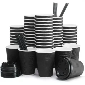 Insulated Disposable Coffee Cups with Lids & Straws 12 oz 100 Packs