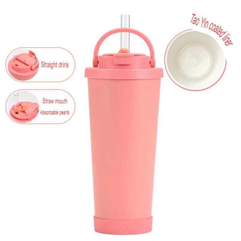 New stainless steel straw cup with pearl ceramic liner, portable handle, vacuum double-layer straw thermos cup