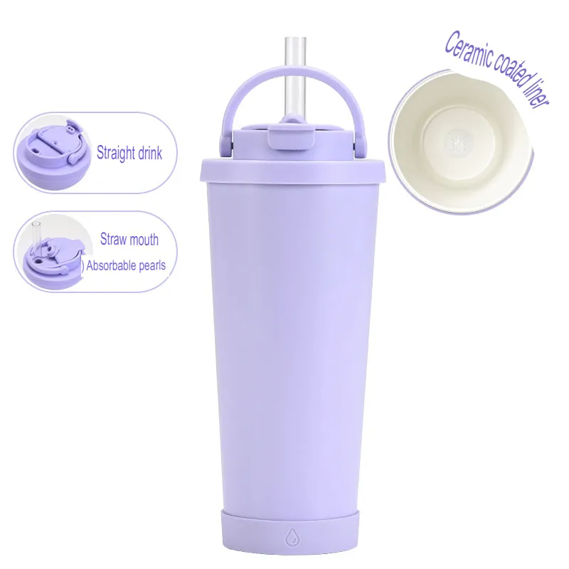 New stainless steel straw cup with pearl ceramic liner, portable handle, vacuum double-layer straw thermos cup