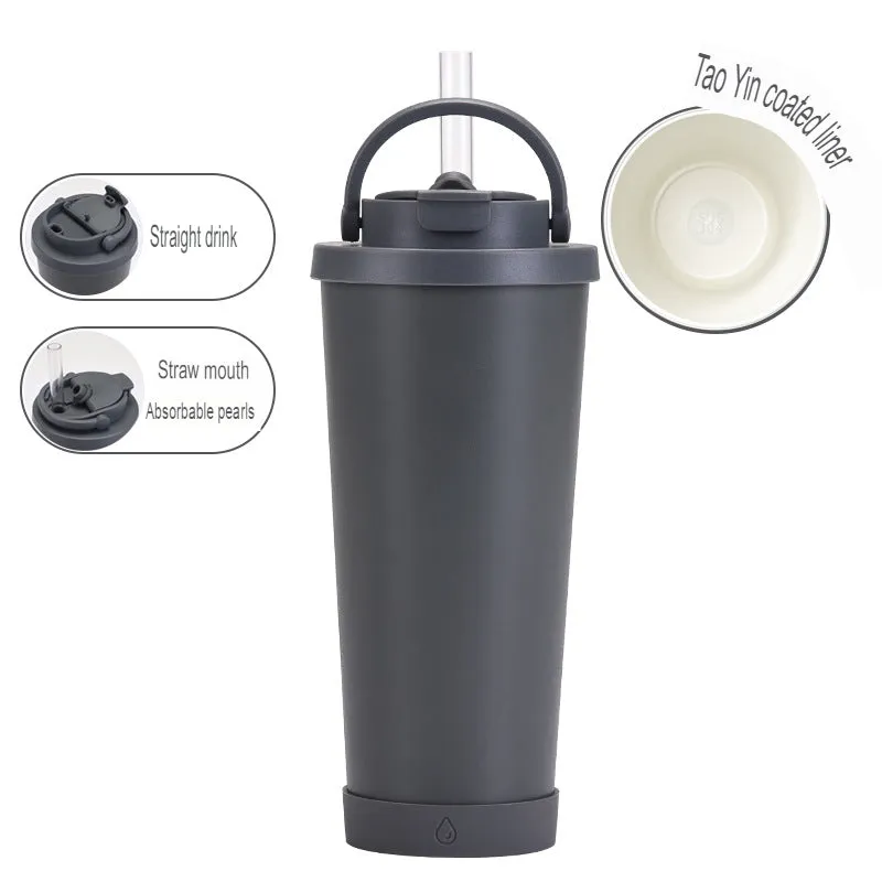 New stainless steel straw cup with pearl ceramic liner, portable handle, vacuum double-layer straw thermos cup