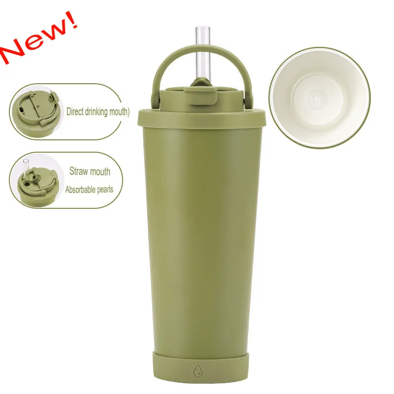 New stainless steel straw cup with pearl ceramic liner, portable handle, vacuum double-layer straw thermos cup