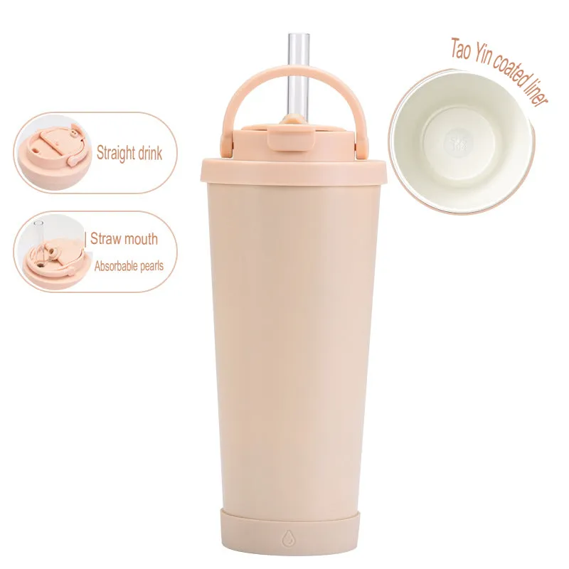 New stainless steel straw cup with pearl ceramic liner, portable handle, vacuum double-layer straw thermos cup