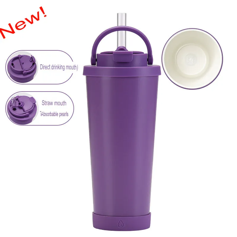 New stainless steel straw cup with pearl ceramic liner, portable handle, vacuum double-layer straw thermos cup