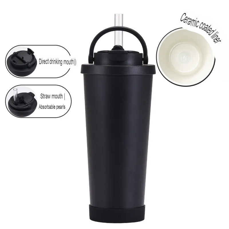 New stainless steel straw cup with pearl ceramic liner, portable handle, vacuum double-layer straw thermos cup