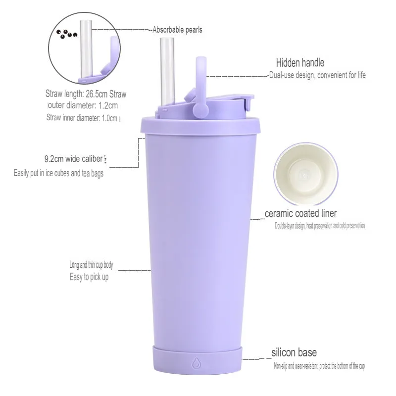 New stainless steel straw cup with pearl ceramic liner, portable handle, vacuum double-layer straw thermos cup