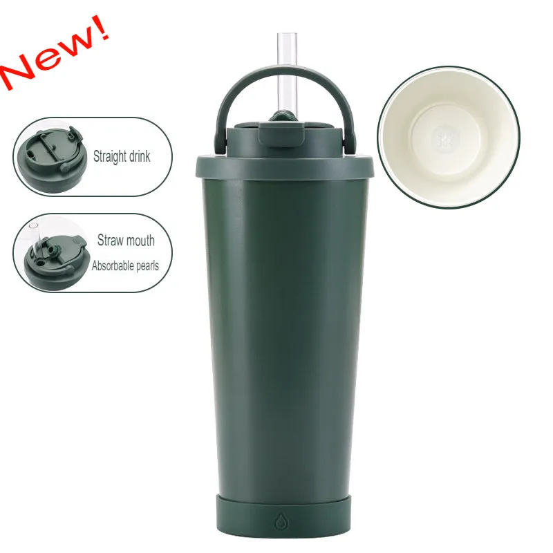 New stainless steel straw cup with pearl ceramic liner, portable handle, vacuum double-layer straw thermos cup