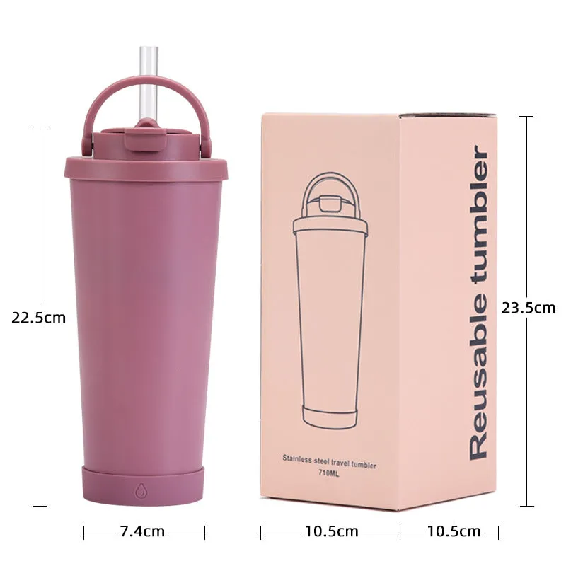 New stainless steel straw cup with pearl ceramic liner, portable handle, vacuum double-layer straw thermos cup