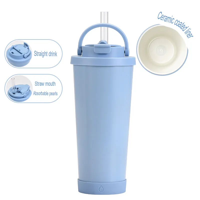 New stainless steel straw cup with pearl ceramic liner, portable handle, vacuum double-layer straw thermos cup