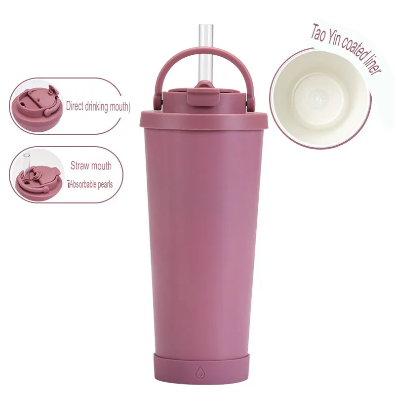 New stainless steel straw cup with pearl ceramic liner, portable handle, vacuum double-layer straw thermos cup