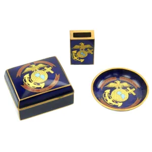 Original U.S. 1920s China Marine USMC Cloisonne Smoking Set - Match Safe, Cigarette Case and Ashtray