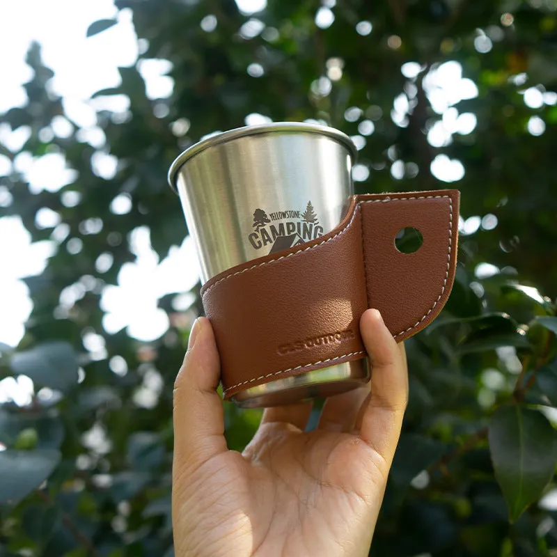 Outdoor Paper Cup Stainless Steel Cup Pu Cup Set Camping Picnic Barbecue Heat Insulation Anti-Scald Handle Coffee Cup Protective Leather Case