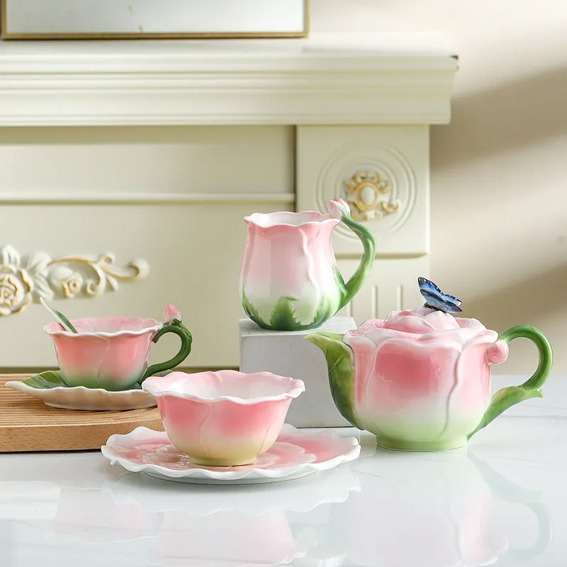 Rose Ceramic Coffee Mark Water Cup Dish Plate Pot Set