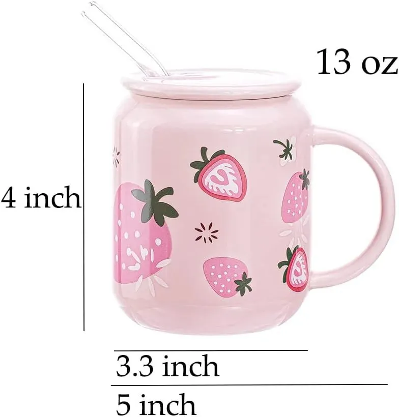 SINOTAO  -  1pc 400ml Cute Fruits Mugs Creative Can Cartoon Ceramic Mug With Straw Lid Milk Tea Mug Office Home Travel Coffee Water Cup