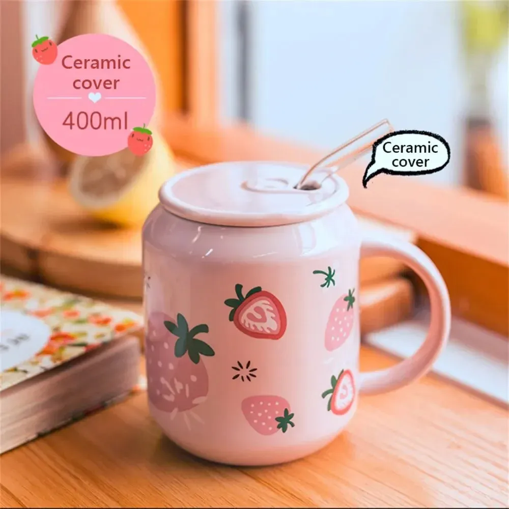 SINOTAO  -  1pc 400ml Cute Fruits Mugs Creative Can Cartoon Ceramic Mug With Straw Lid Milk Tea Mug Office Home Travel Coffee Water Cup