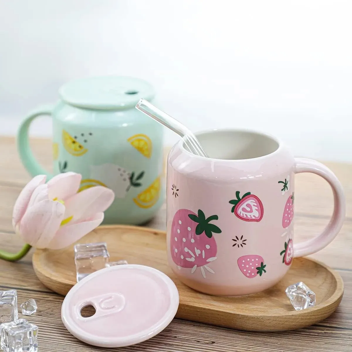 SINOTAO  -  1pc 400ml Cute Fruits Mugs Creative Can Cartoon Ceramic Mug With Straw Lid Milk Tea Mug Office Home Travel Coffee Water Cup