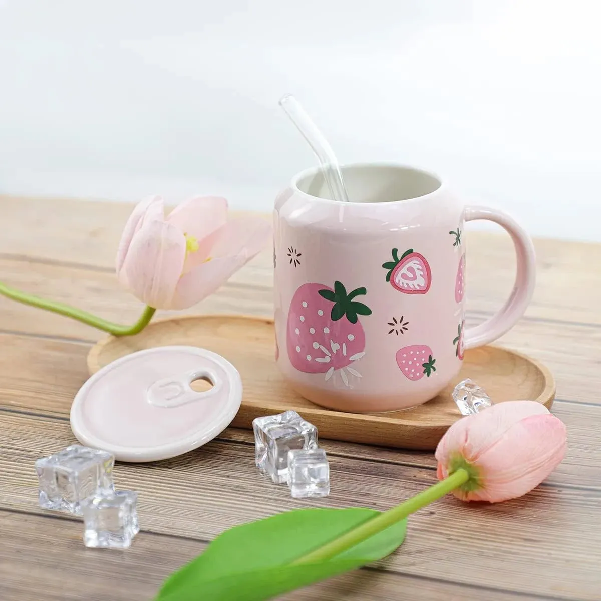 SINOTAO  -  1pc 400ml Cute Fruits Mugs Creative Can Cartoon Ceramic Mug With Straw Lid Milk Tea Mug Office Home Travel Coffee Water Cup