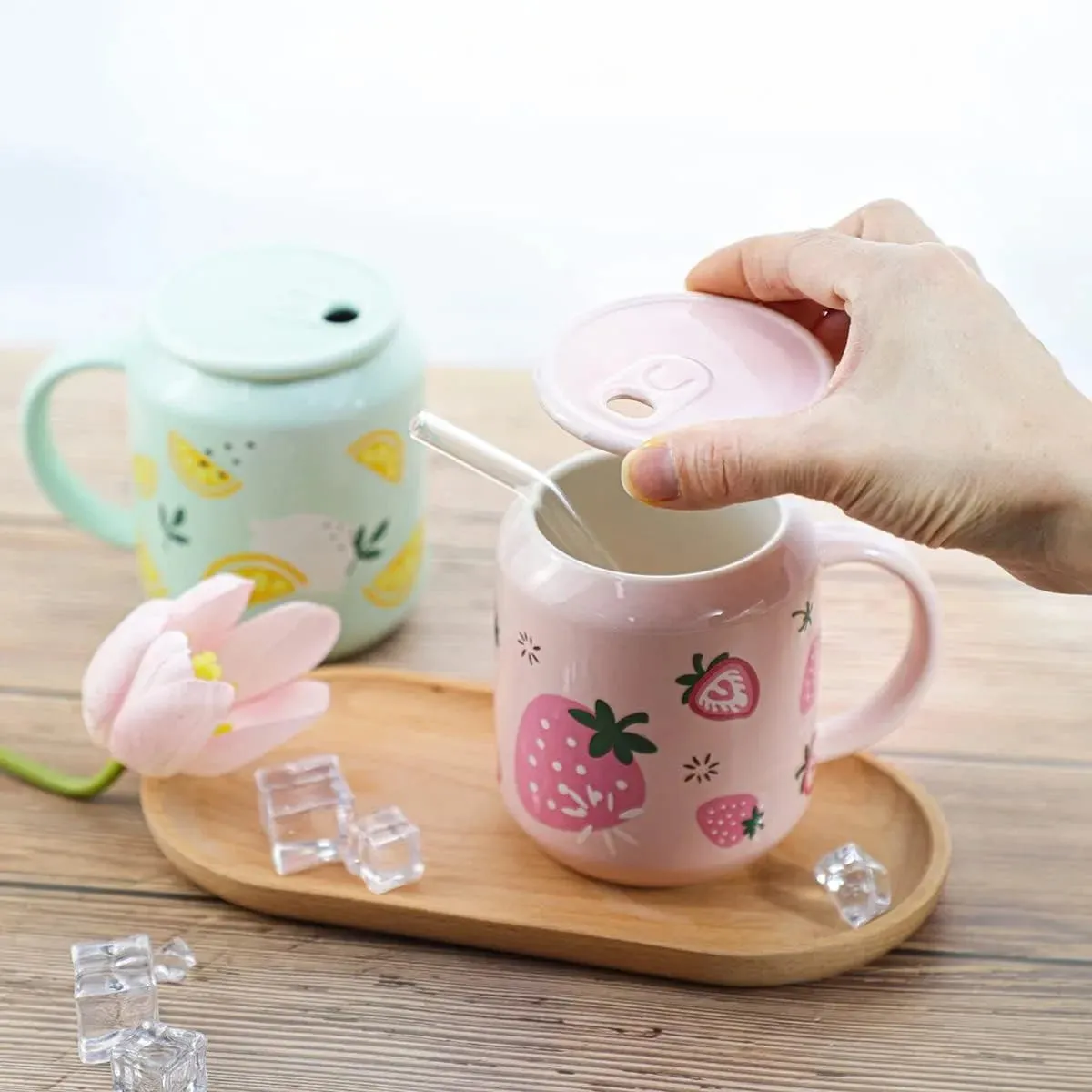 SINOTAO  -  1pc 400ml Cute Fruits Mugs Creative Can Cartoon Ceramic Mug With Straw Lid Milk Tea Mug Office Home Travel Coffee Water Cup