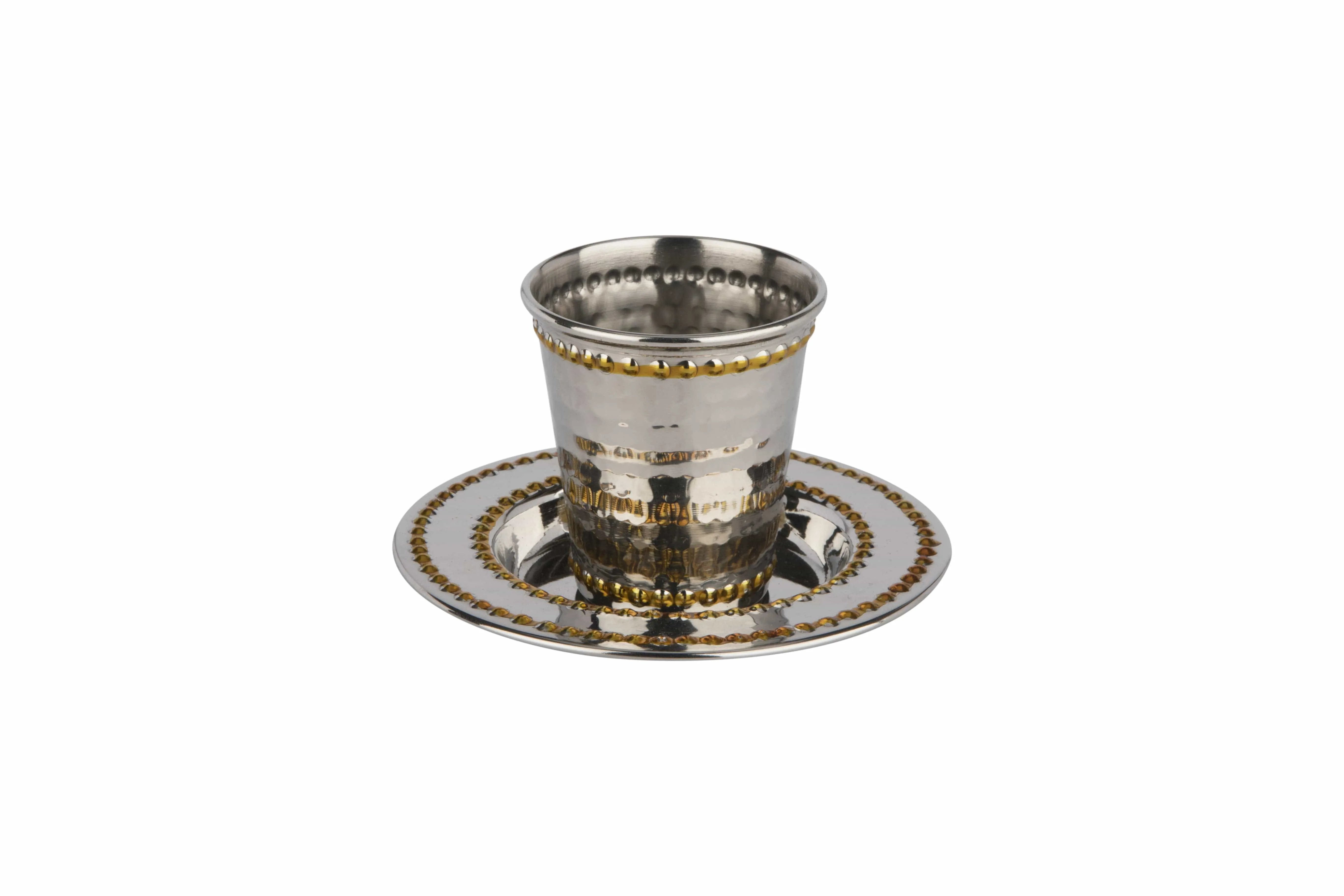 SMALL Stainless Steel Kiddush Cup Set Hammered Gold Beaded 2.5"