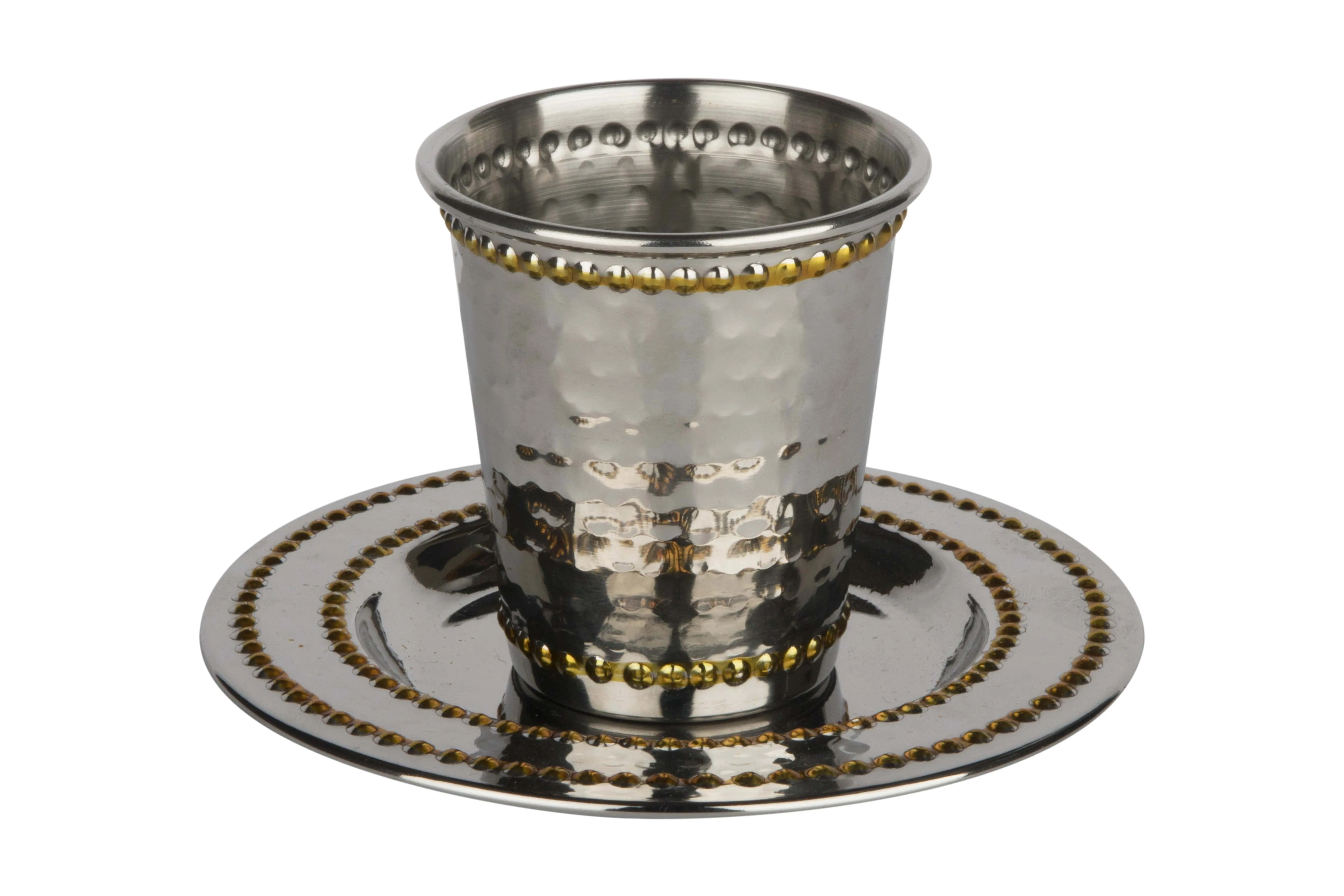 Stainless Steel Kiddush Cup Set Hammered Gold Beaded 3"