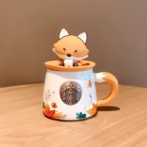 Starbucks China Autumn Leaves Ceramic Mug with Fox Lid (Starbucks Autumn Forest Edition)