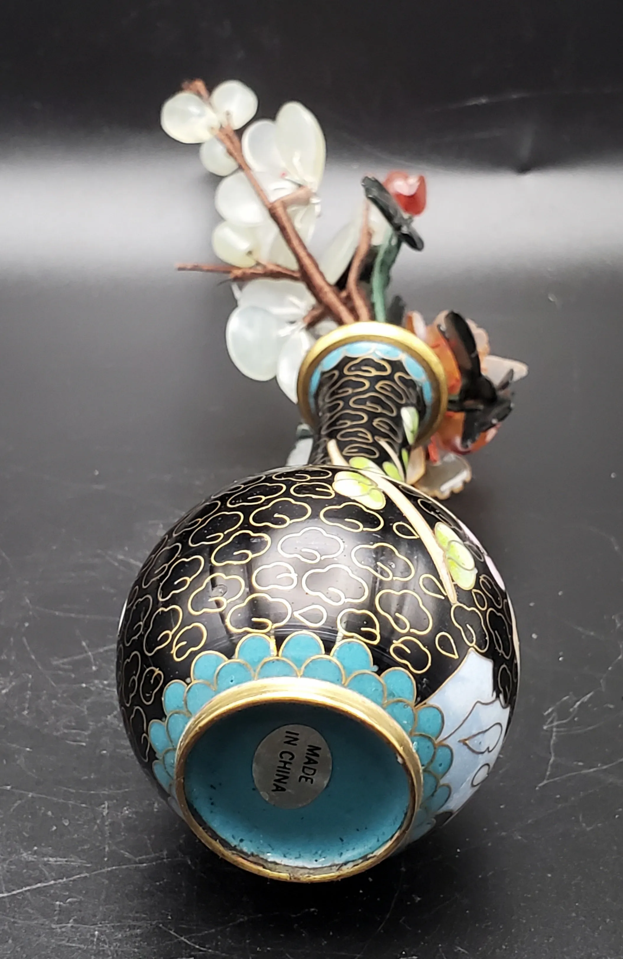 Vintage Carved Gemstone Flowers in Cloisonne Vase