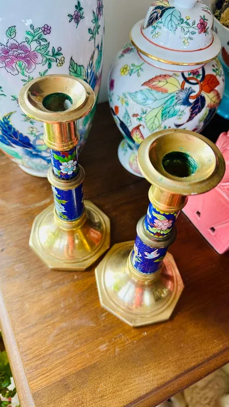 Vintage Cloisonne Brass Candle Holders