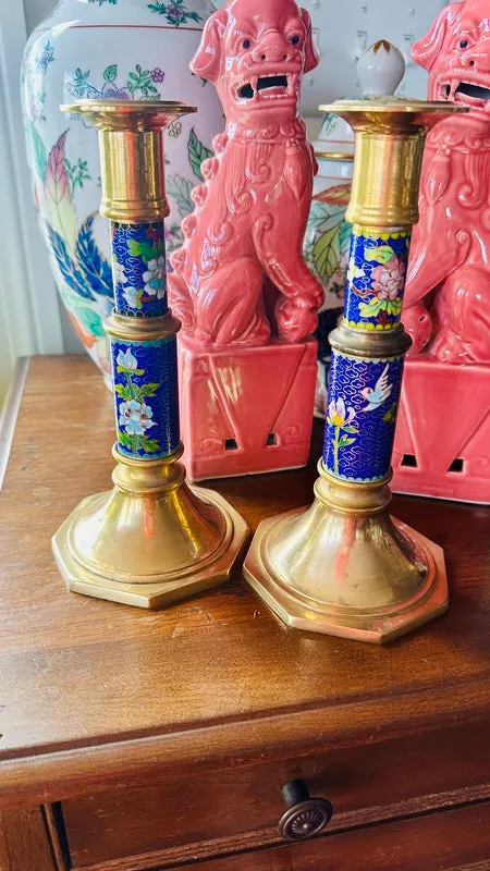 Vintage Cloisonne Brass Candle Holders