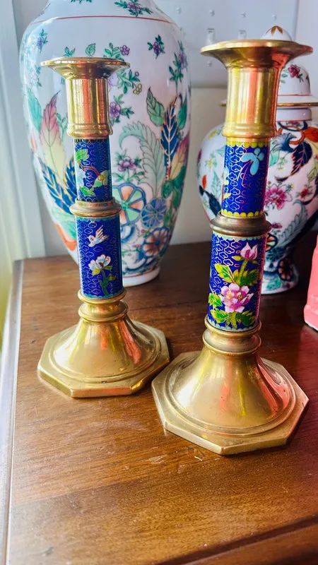 Vintage Cloisonne Brass Candle Holders